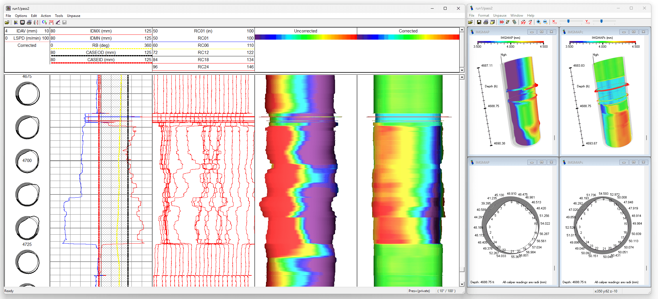Warrior Caliper Correction Module: corrected vs. uncorrected log display